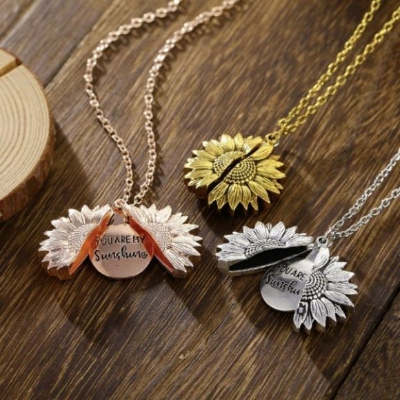 You Are My Sunshine Sunflower Pendant Necklace, Rose Gold - Picture 7 of 12